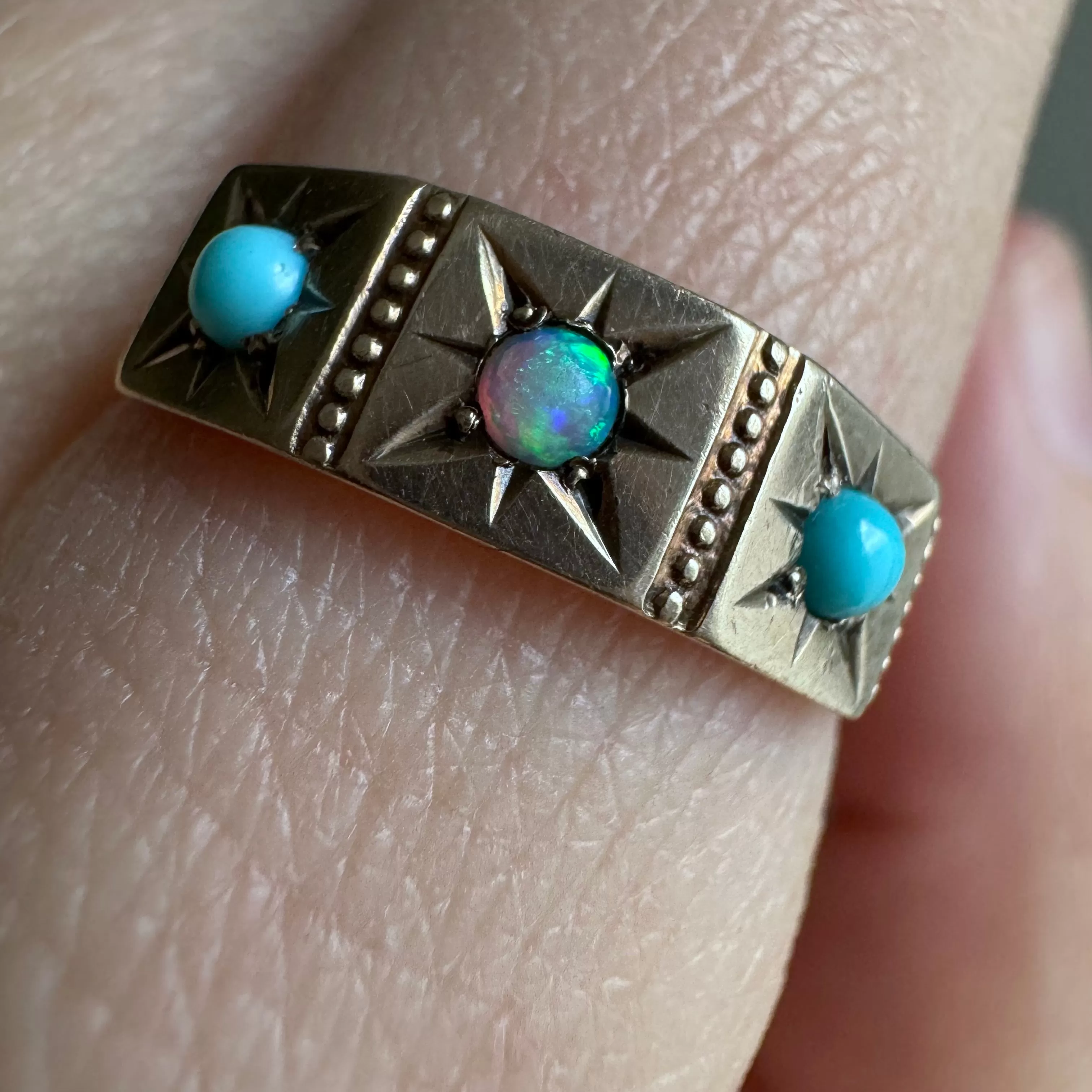 reimagined A N T I Q U E // 10k rosy yellow gold starburst trilogy band with opal and turquoise / size 7.75