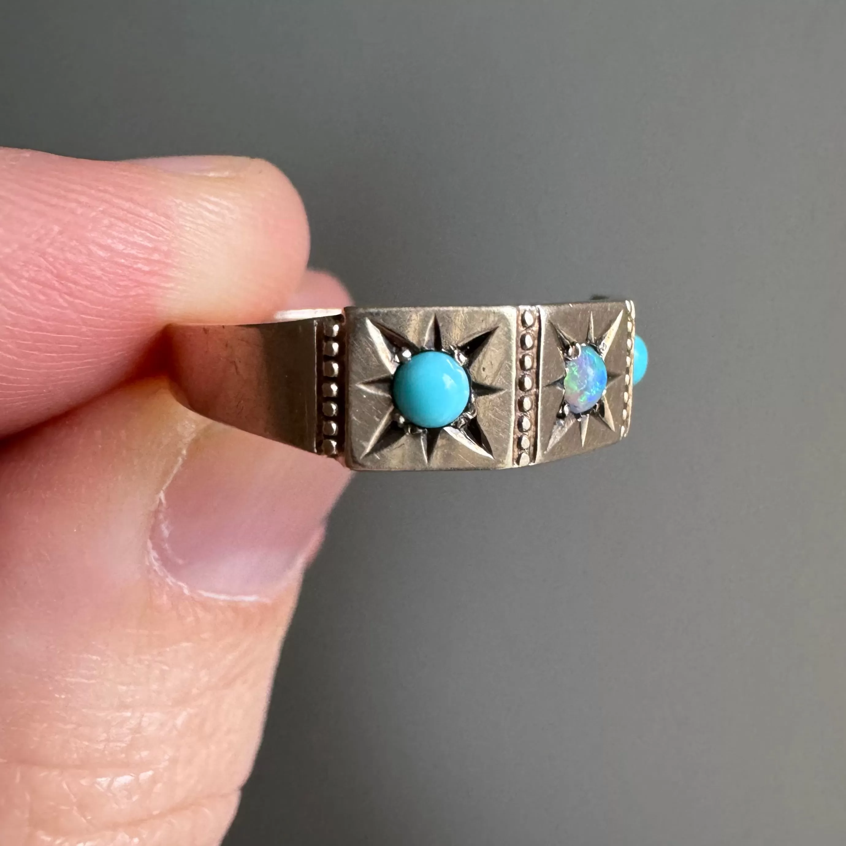 reimagined A N T I Q U E // 10k rosy yellow gold starburst trilogy band with opal and turquoise / size 7.75