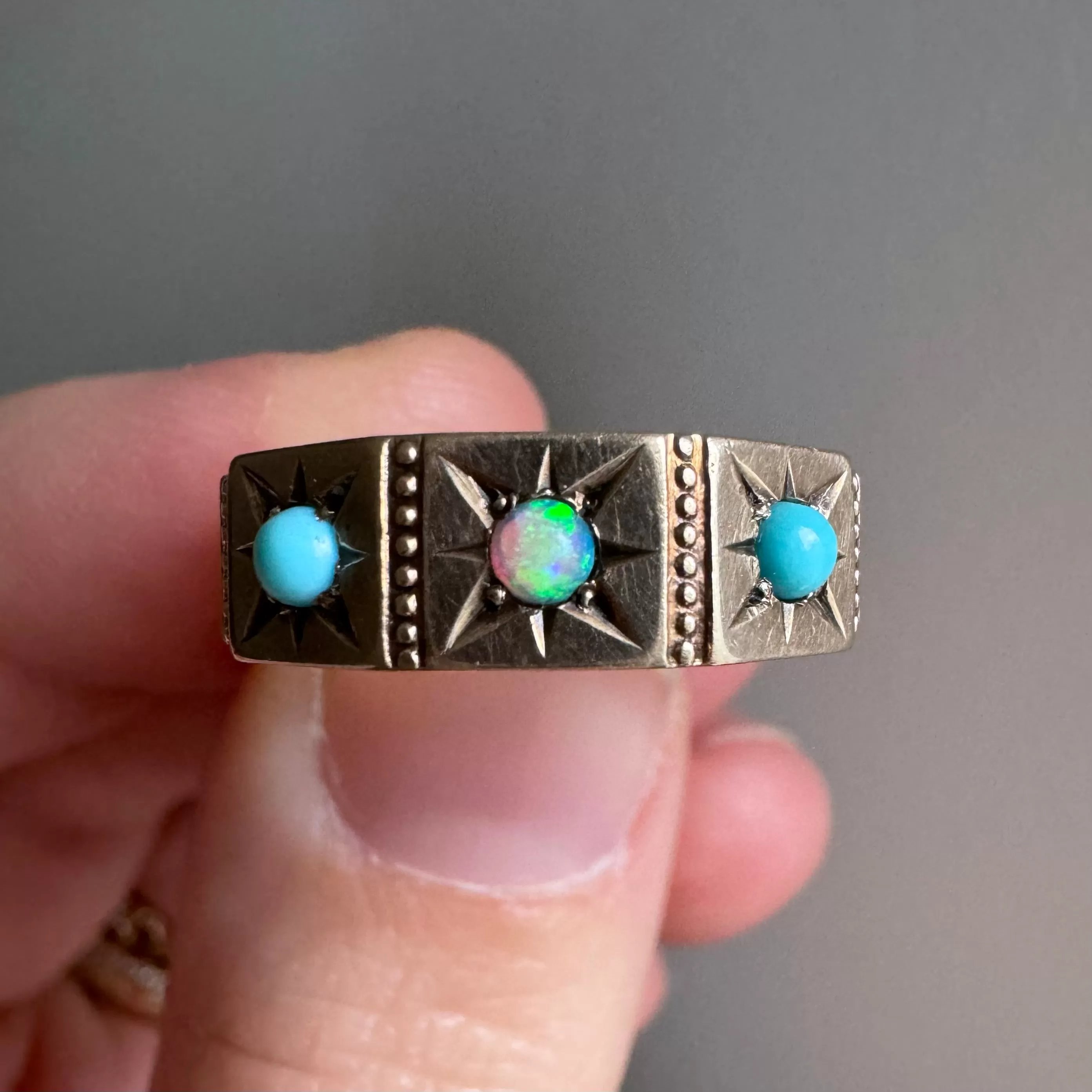 reimagined A N T I Q U E // 10k rosy yellow gold starburst trilogy band with opal and turquoise / size 7.75