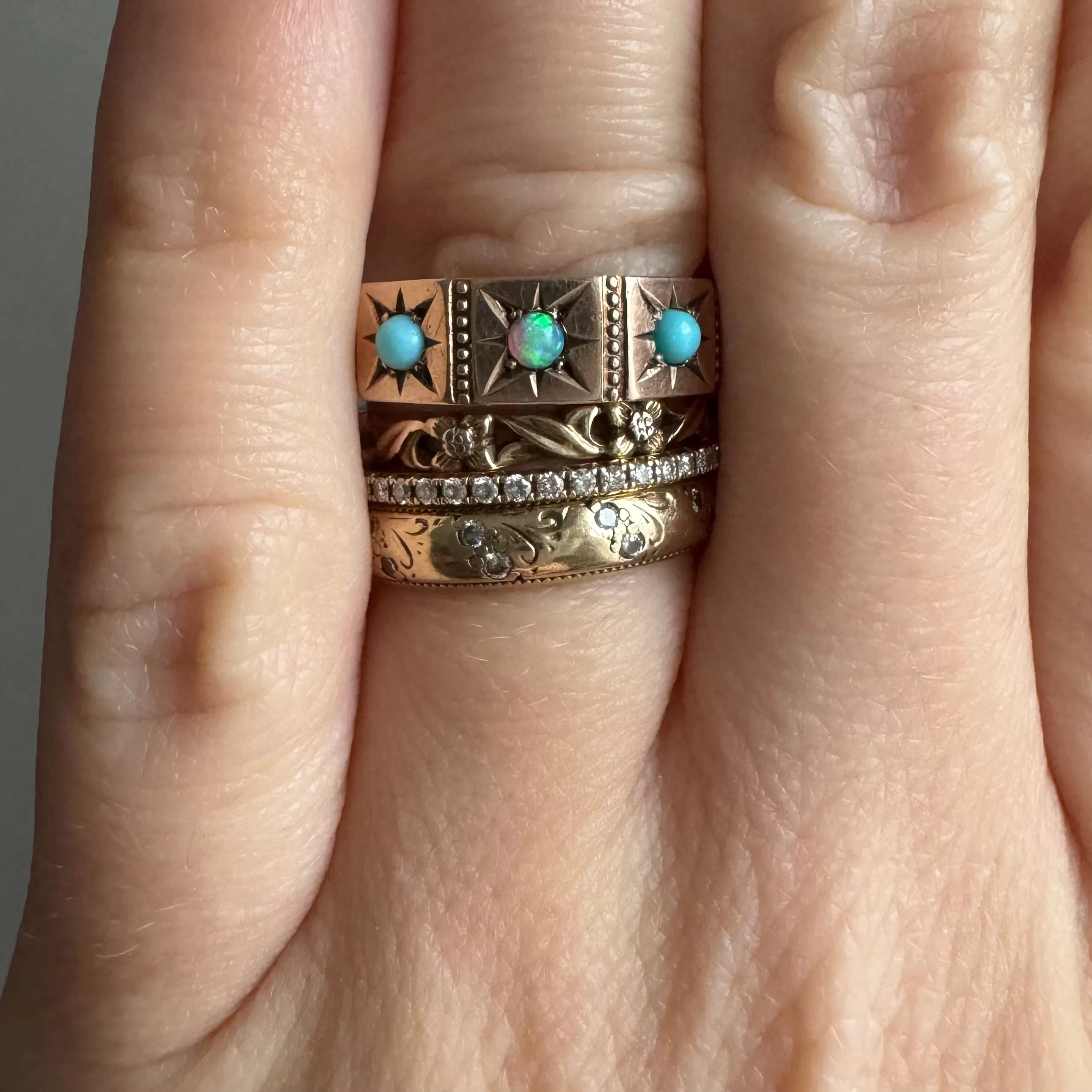 reimagined A N T I Q U E // 10k rosy yellow gold starburst trilogy band with opal and turquoise / size 7.75