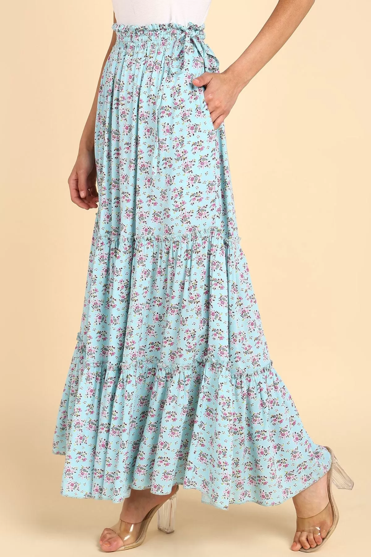 Romantic Print Tiered Pregnancy & Maternity Skirt with Smocked Waistband & Pockets