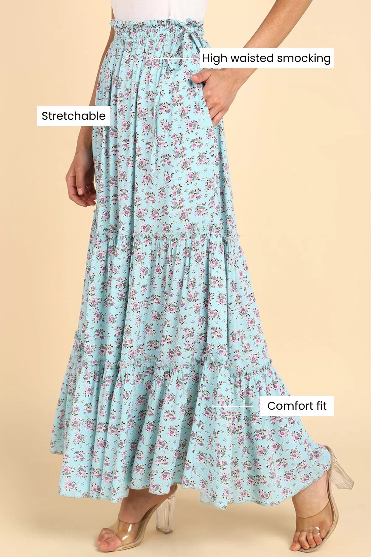 Romantic Print Tiered Pregnancy & Maternity Skirt with Smocked Waistband & Pockets