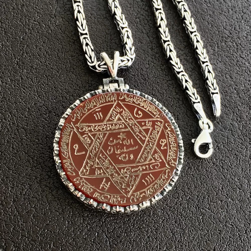 Seal of Solomon Talisman Pendant Handmade engraved Carnelian Agate Silver 925 Kings Chain