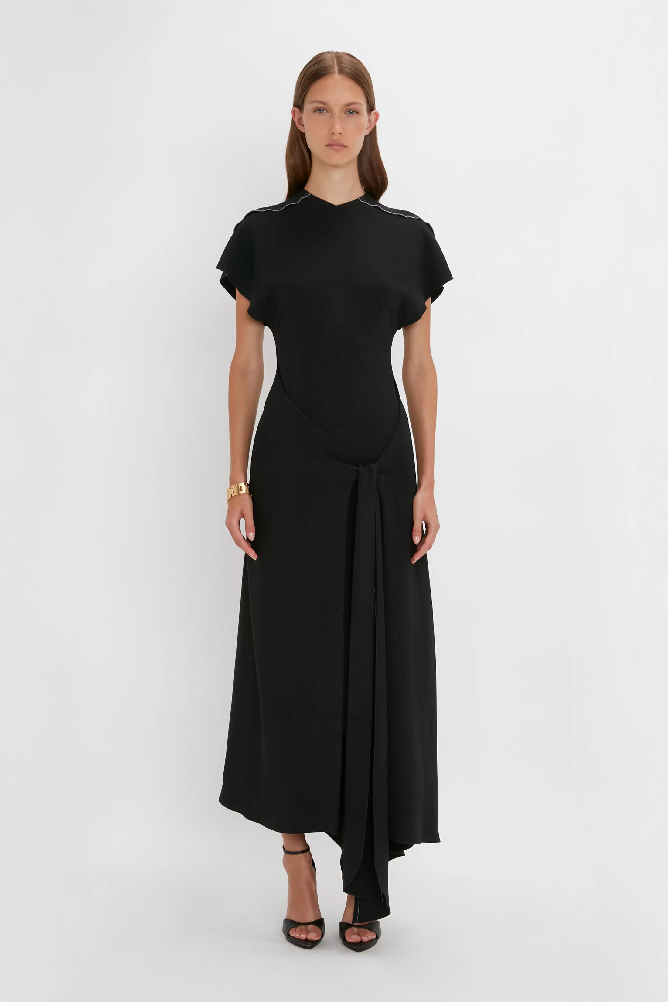 Short Sleeve Tie Detail Dress In Black