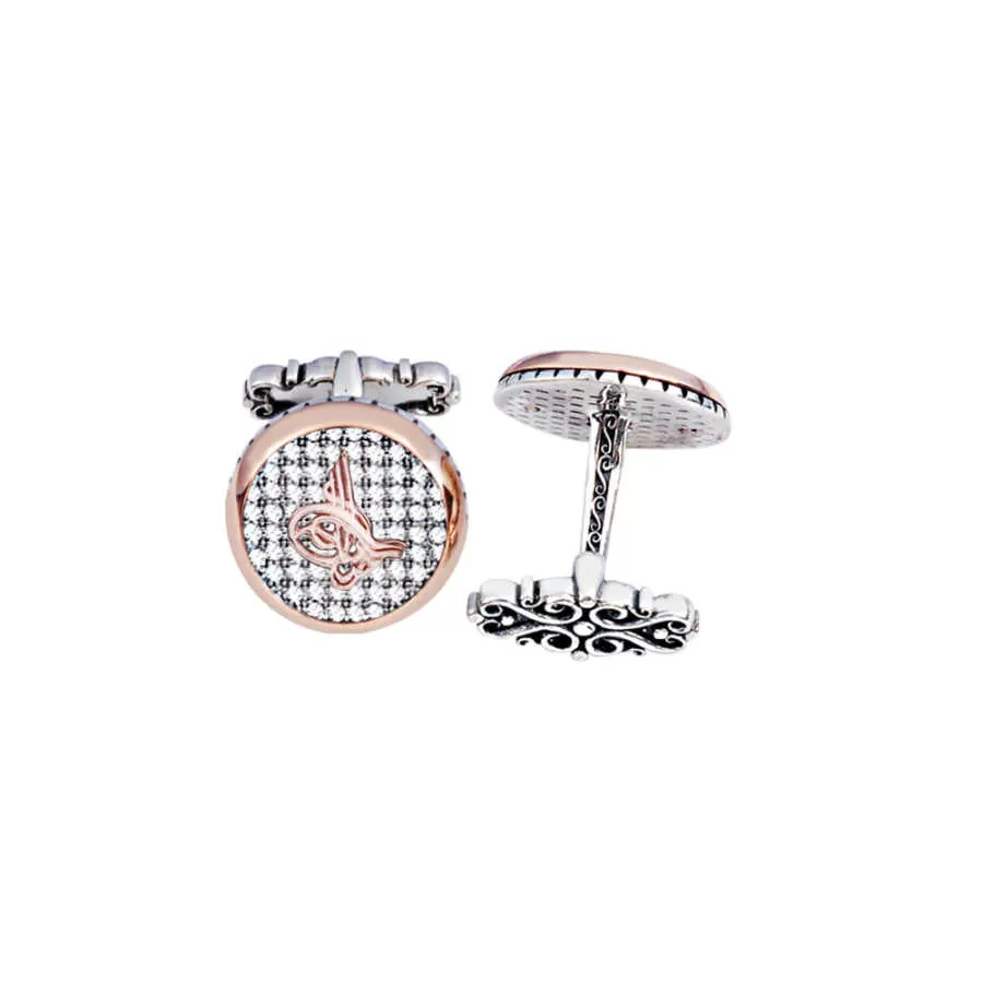 Silver White Zircon Stone Tughra Round Cufflink