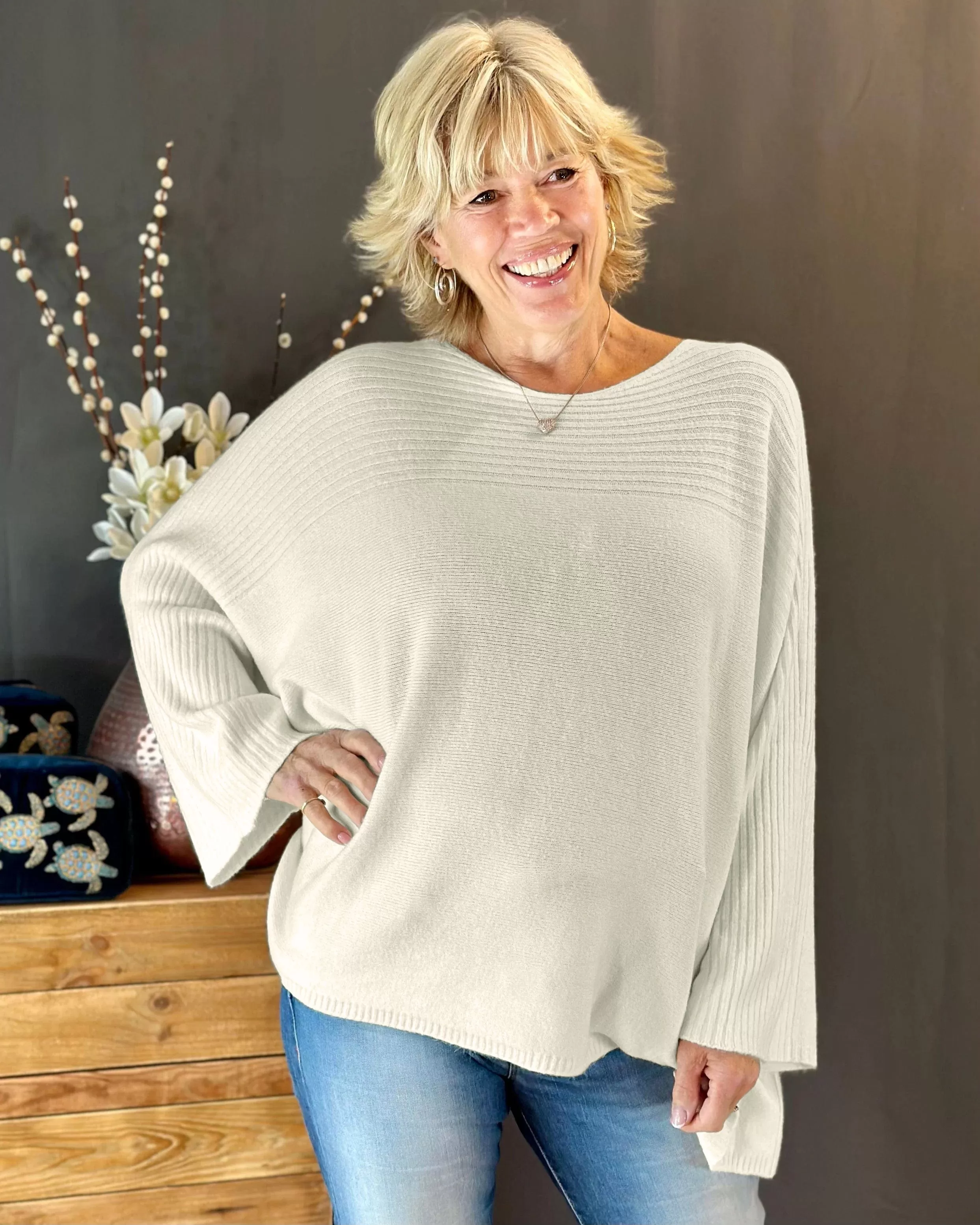 Slash Neck Ribbed Jumper - Beige