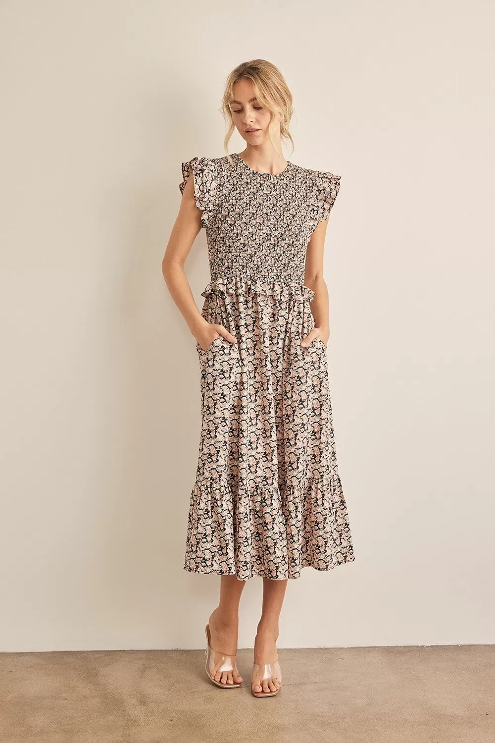 Smocked Floral Midi Dress - Black/Pink