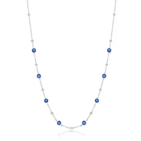 SS Bezel-Set Blue CZ & Bead Station Necklace