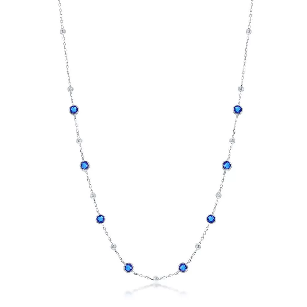 SS Bezel-Set Blue CZ & Bead Station Necklace