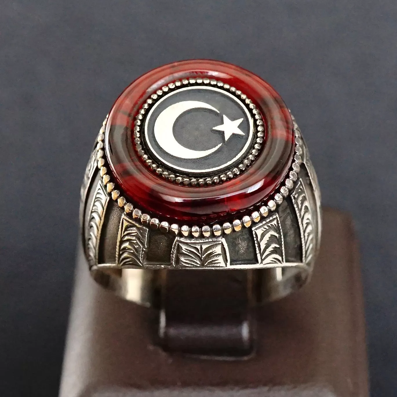 Sterling Silver Ring Crescent Star Red Amber Turkish Men's Jewelry