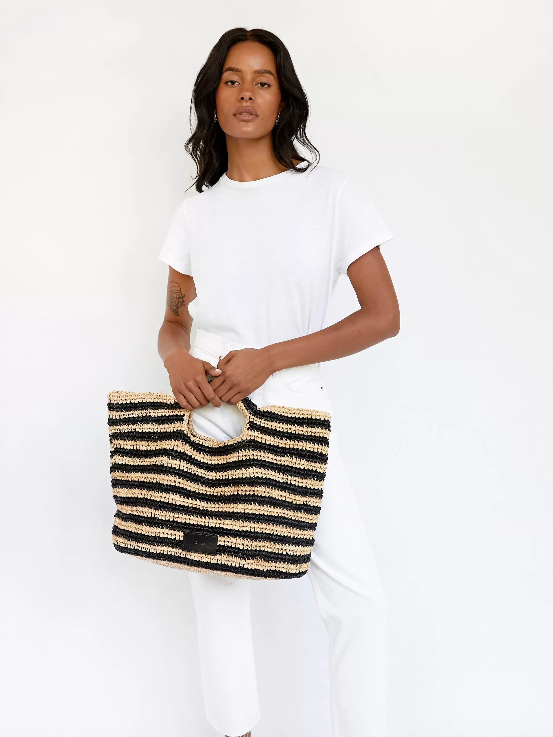 Striped Raffia Casual Large Tote