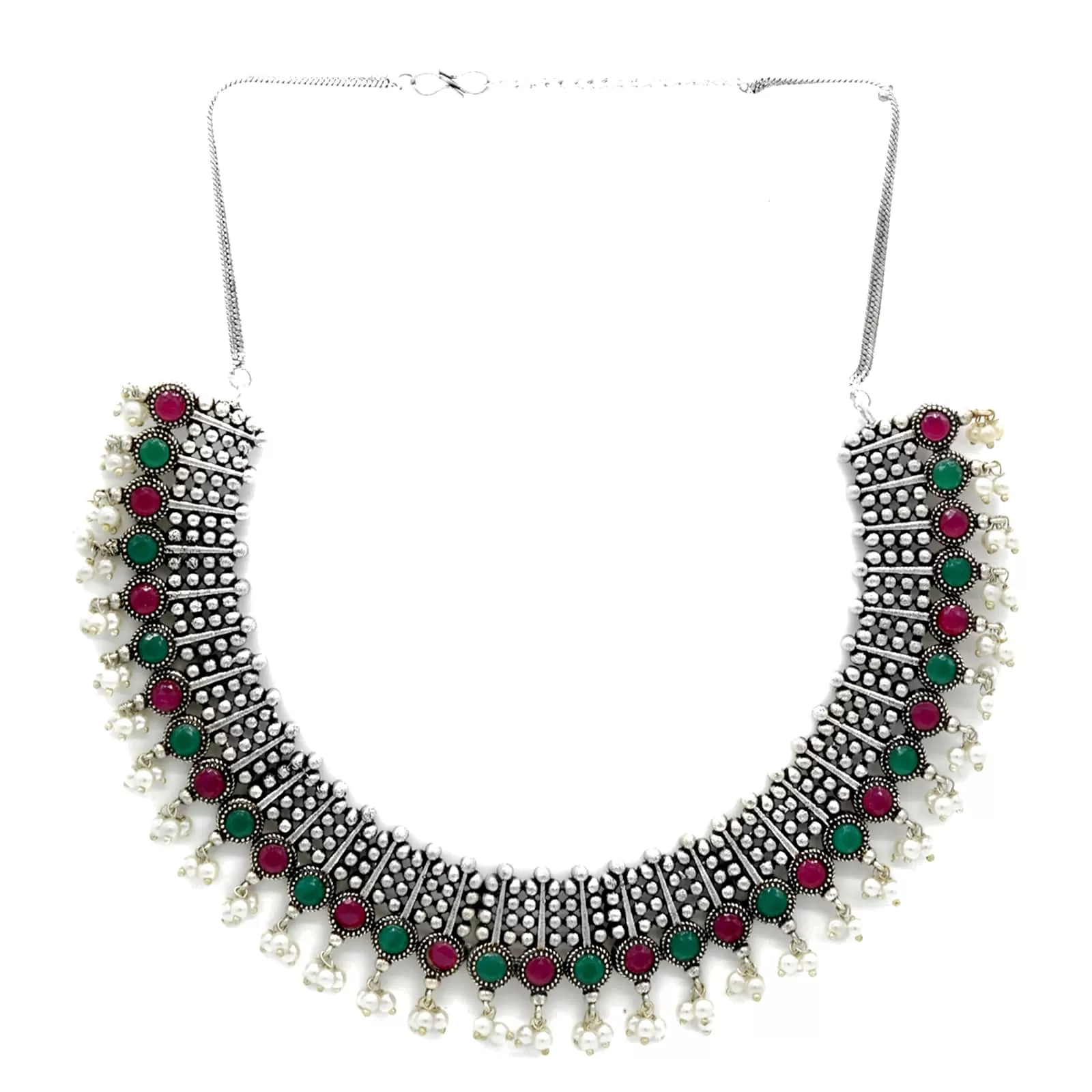 Symmetric Multi colored Silver Necklace Set