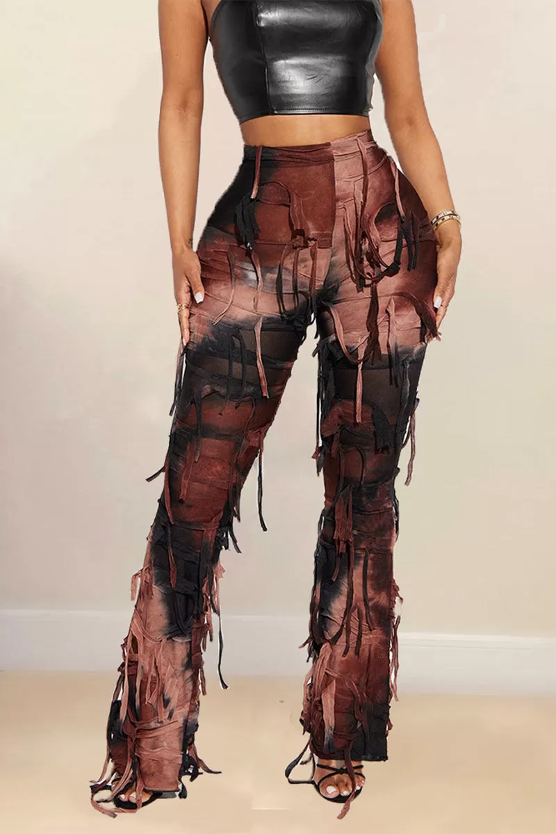 Tassel Trim High Waist Distressed Flare Pants