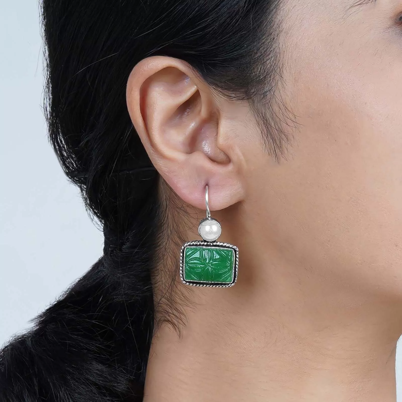 Teejh Diti Dark Green Stone & Pearl Earrings