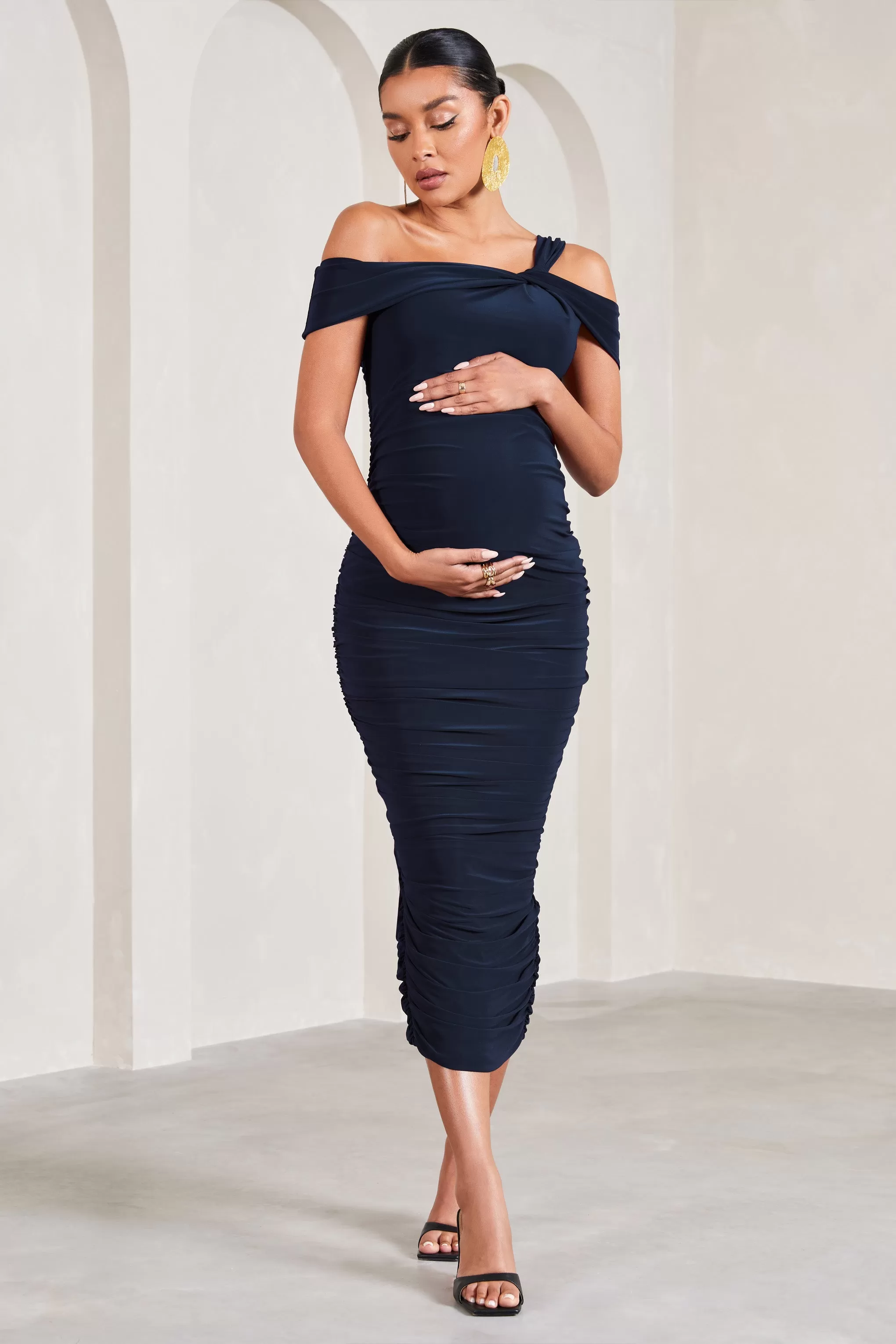 Theodora | Navy Strappy Asymmetric Maternity Midi Dress