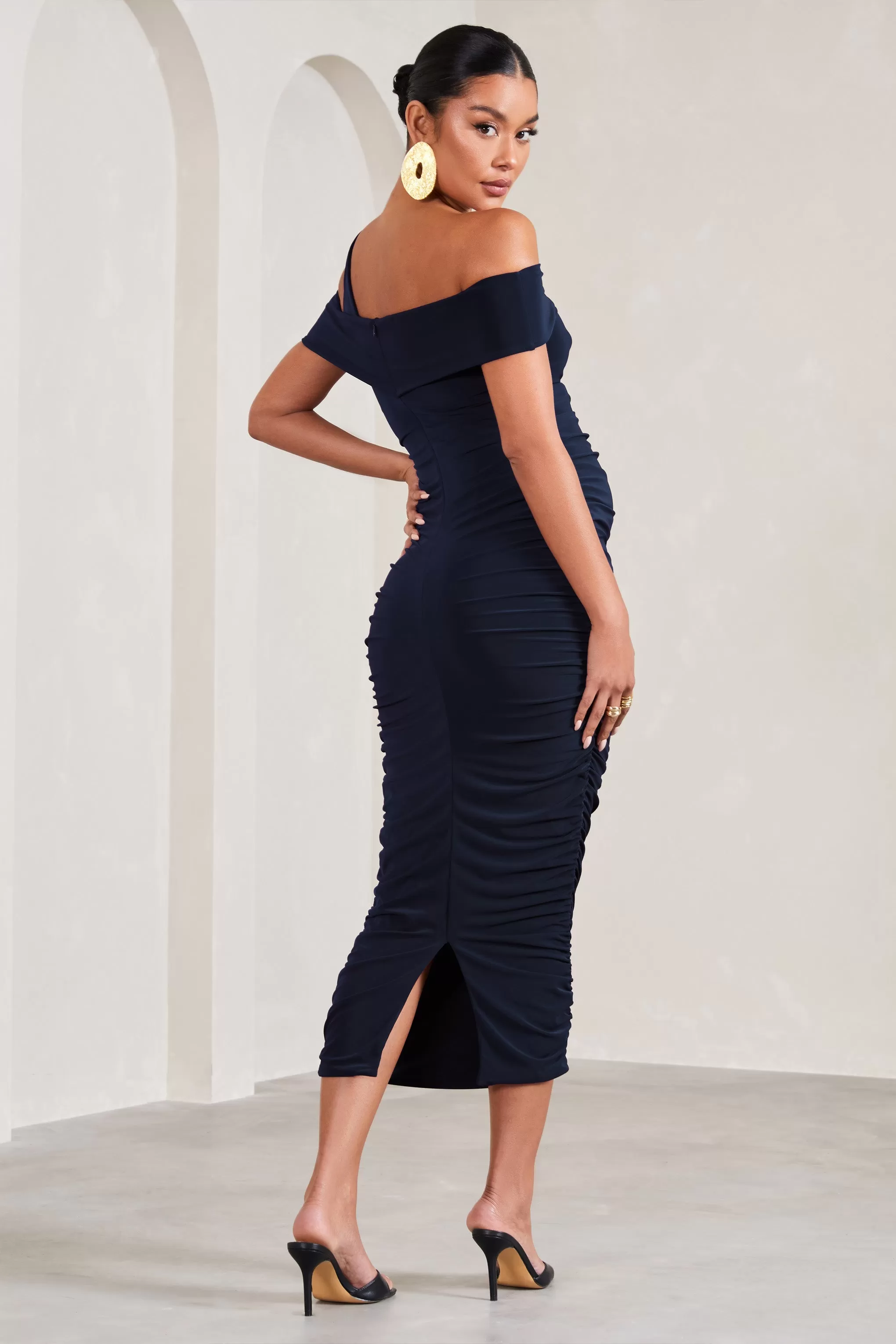 Theodora | Navy Strappy Asymmetric Maternity Midi Dress