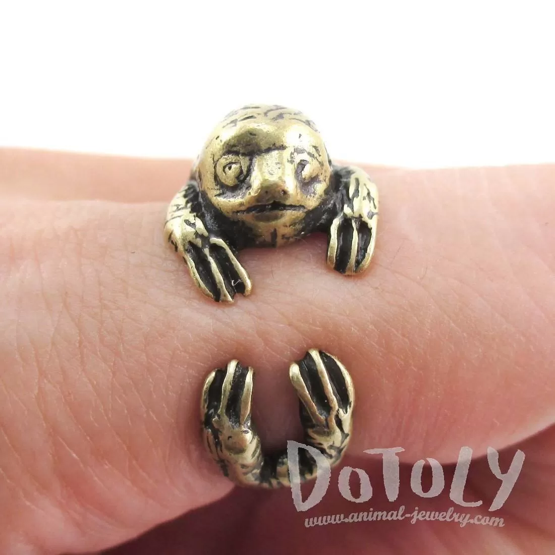 Three Toed Sloth Shaped Animal Wrapped Around Your Finger Ring in Brass