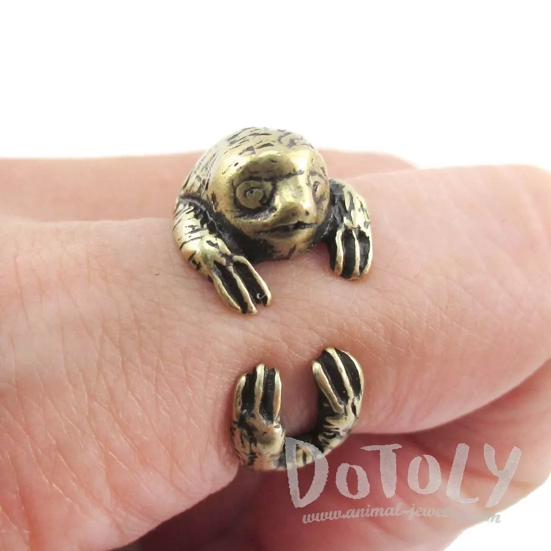 Three Toed Sloth Shaped Animal Wrapped Around Your Finger Ring in Brass