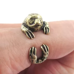 Three Toed Sloth Shaped Animal Wrapped Around Your Finger Ring in Brass