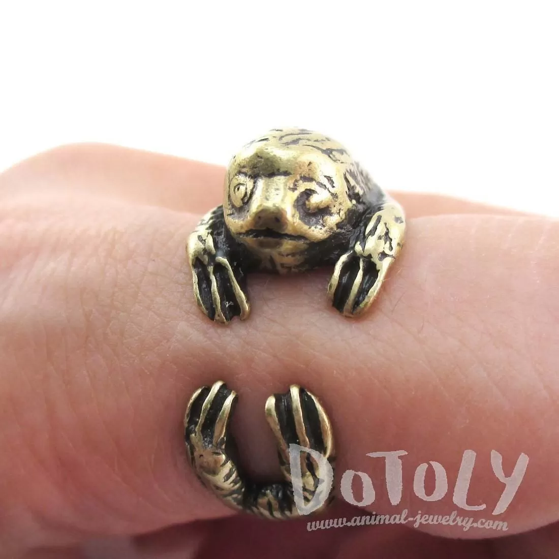 Three Toed Sloth Shaped Animal Wrapped Around Your Finger Ring in Brass