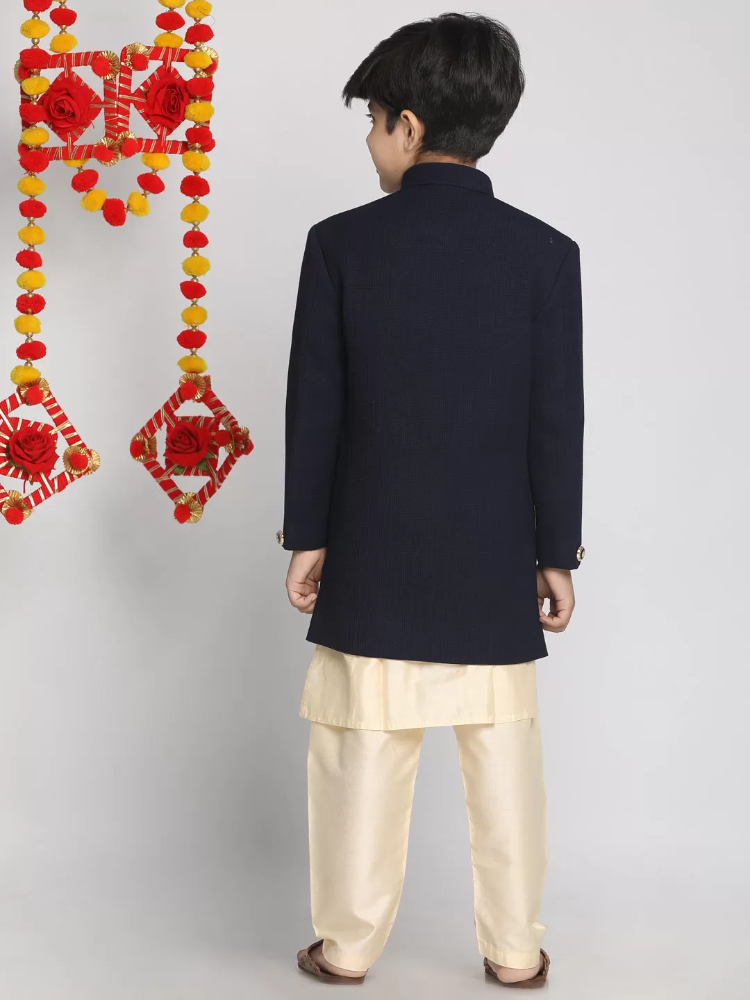 VASTRAMAY Boy's Blue Indo Western Jacket With Kurta And Pyjama Set