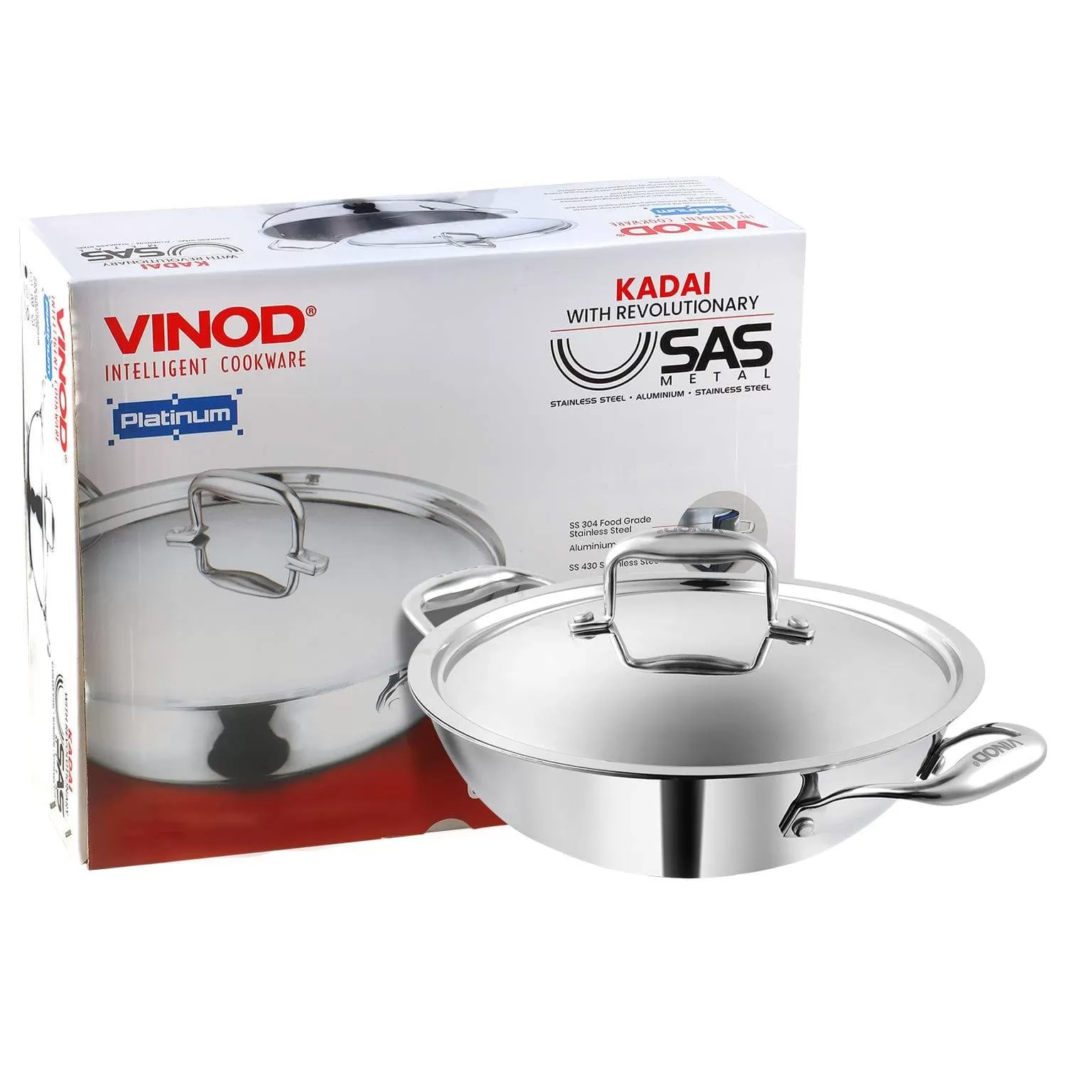 Vinod Platinum Triply Stainless Steel Kadai with Lid