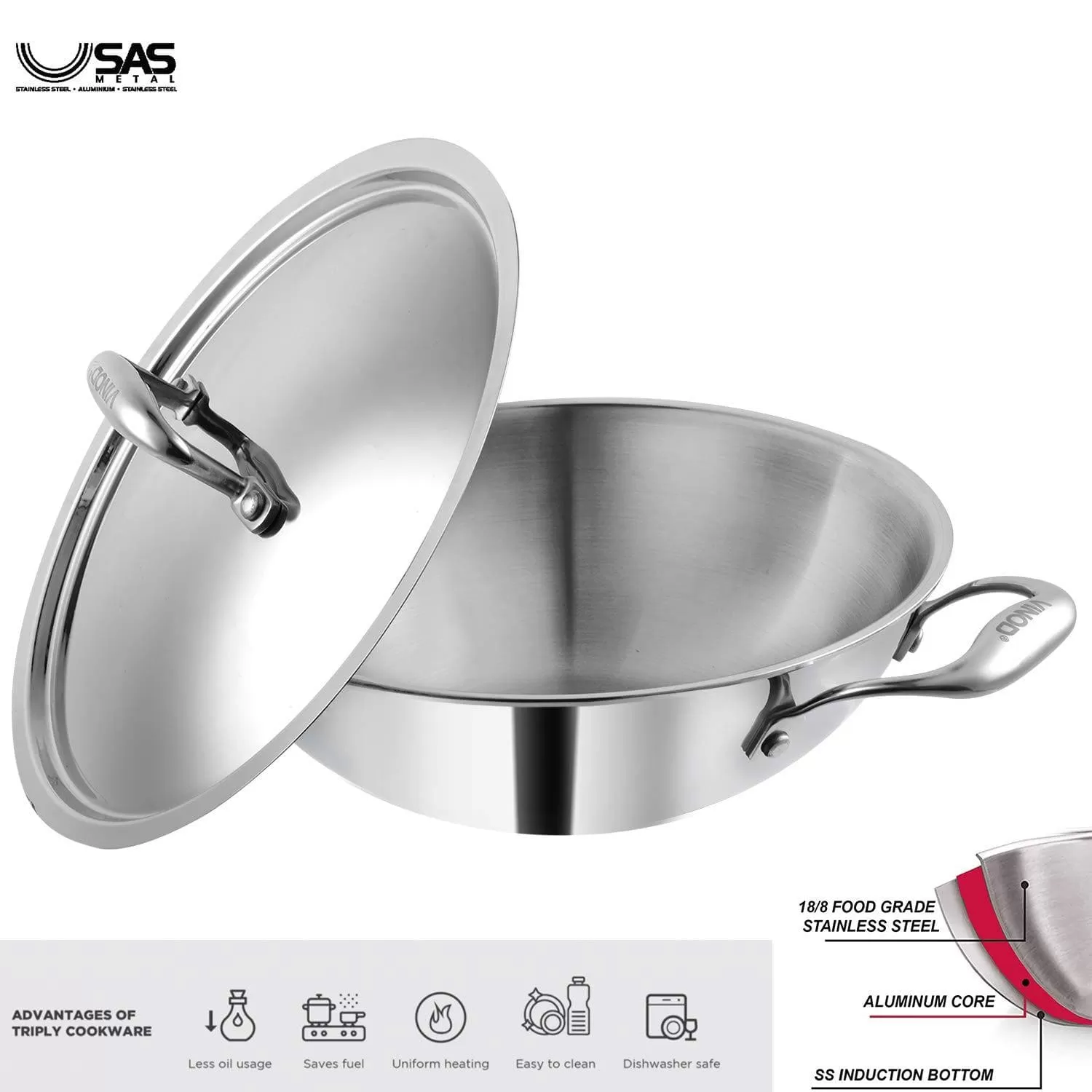 Vinod Platinum Triply Stainless Steel Kadai with Lid