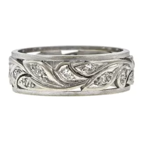 Vintage Floral Motif Diamond Wedding Band, White Gold, Size 9