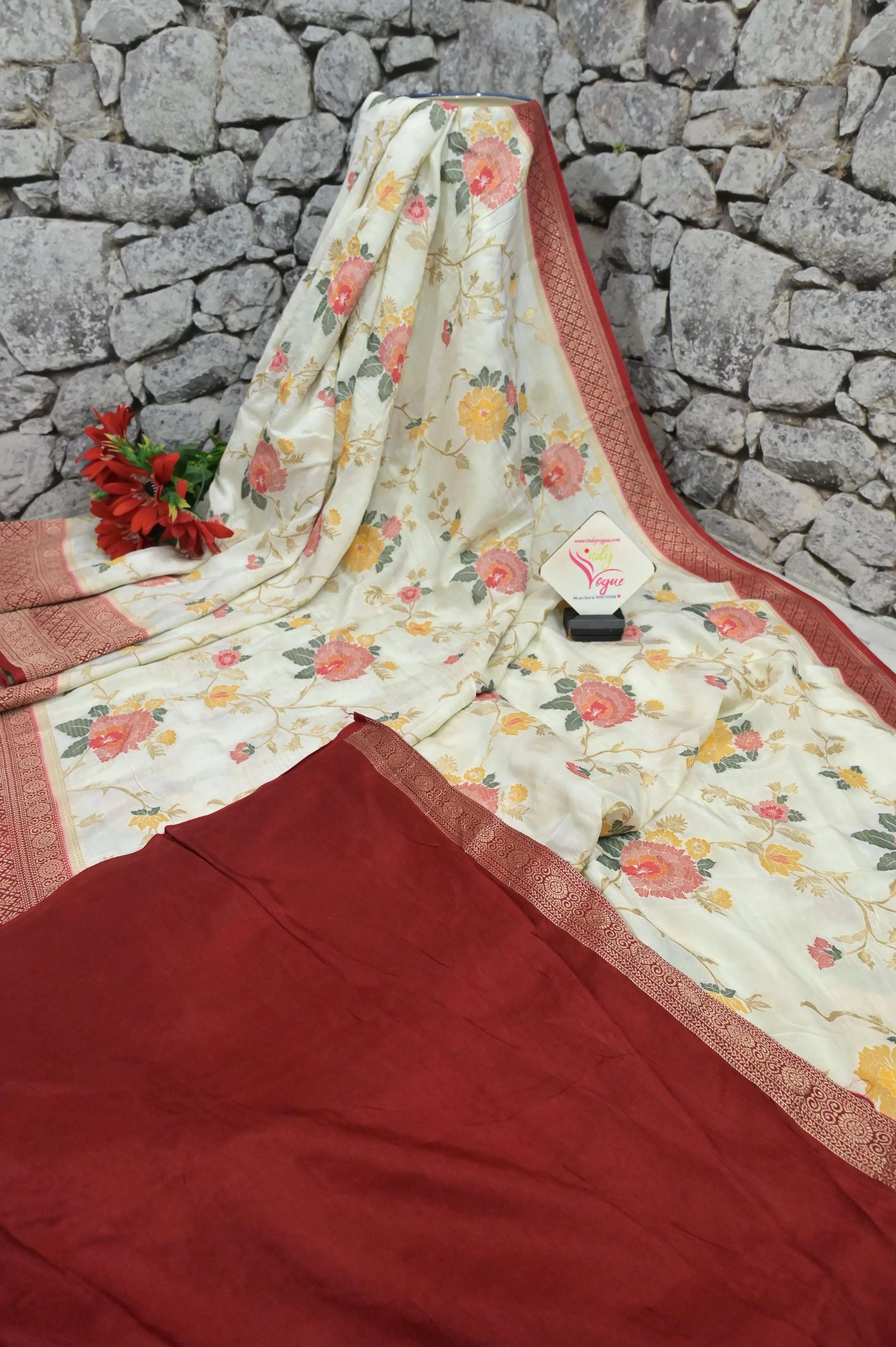 White and Red Color Muga Banarasi Silk Saree