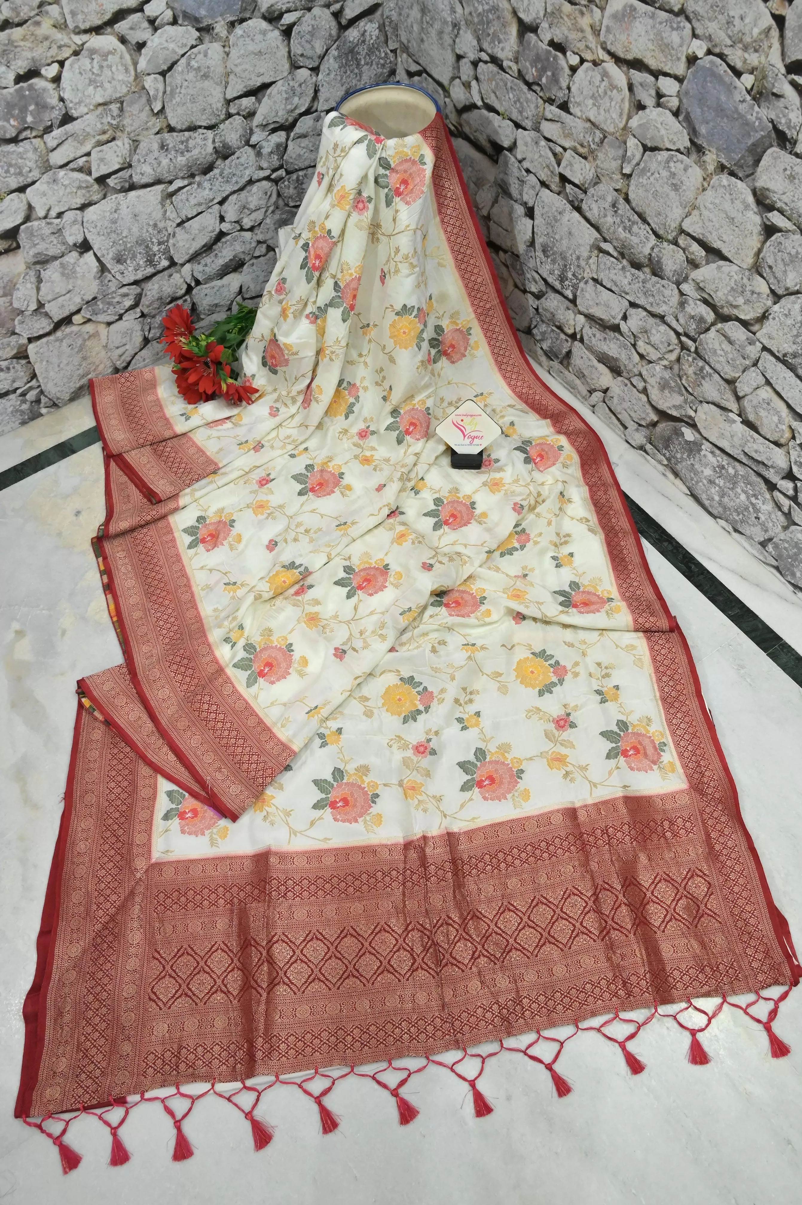 White and Red Color Muga Banarasi Silk Saree