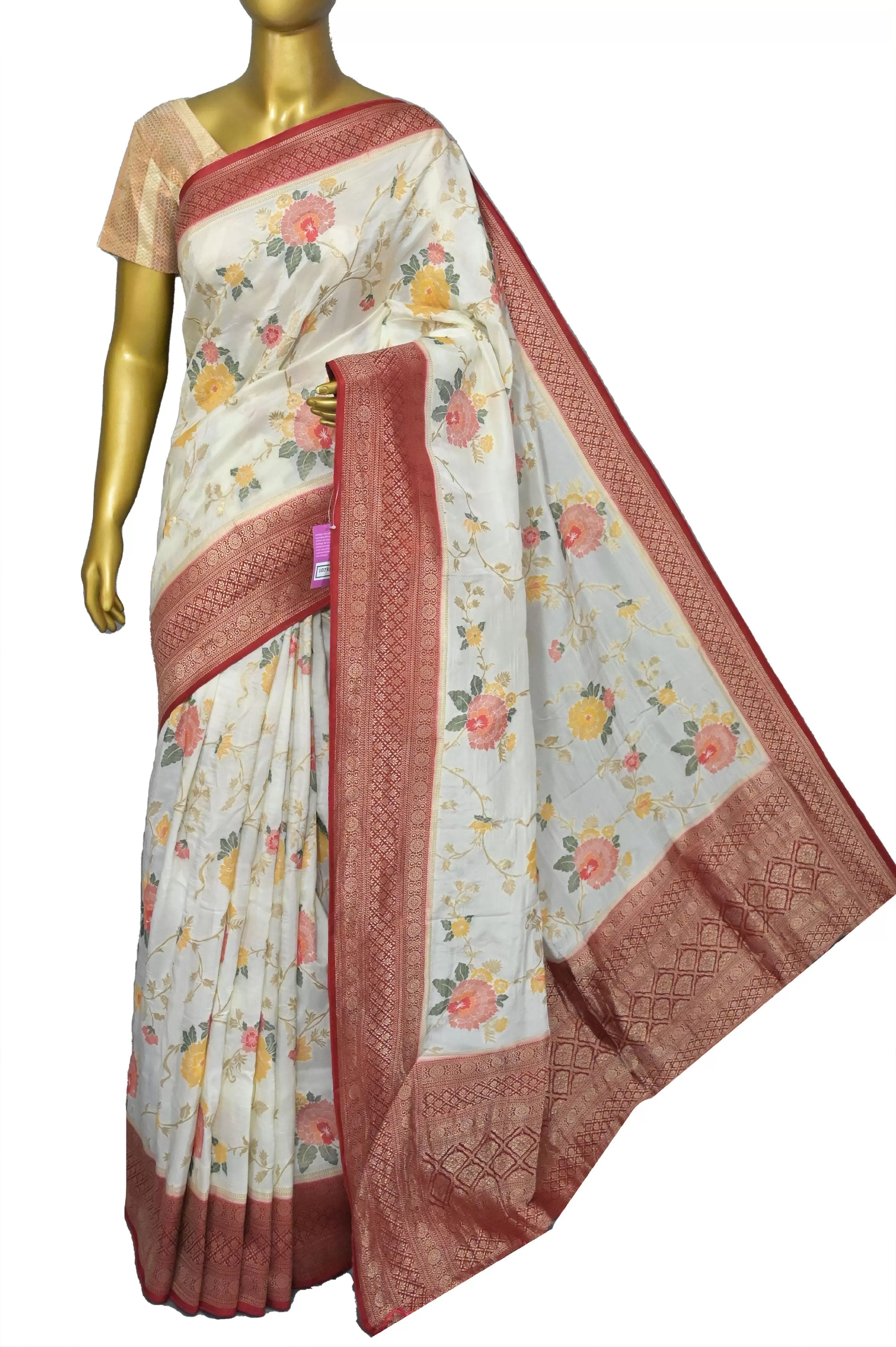 White and Red Color Muga Banarasi Silk Saree