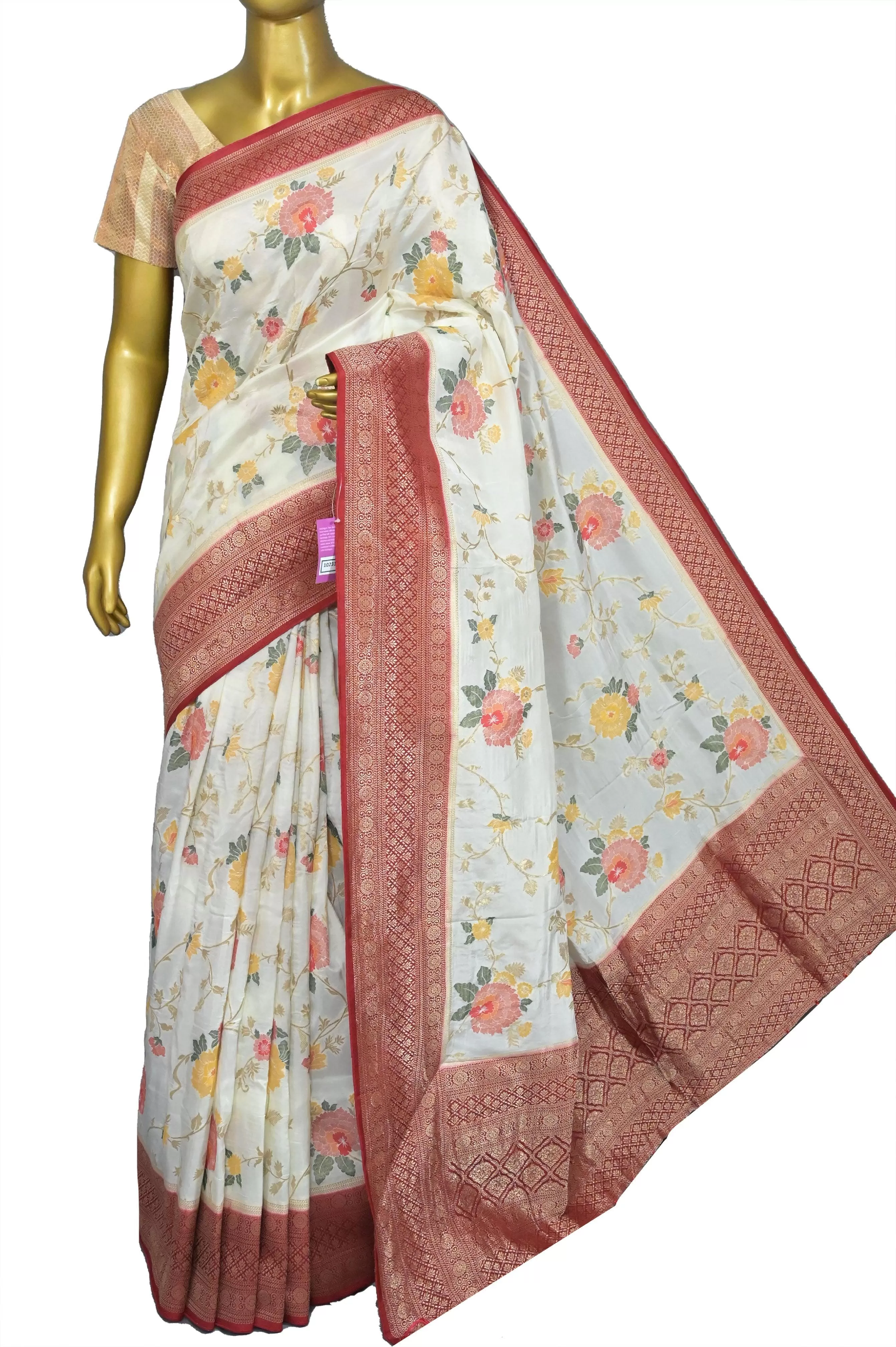 White and Red Color Muga Banarasi Silk Saree